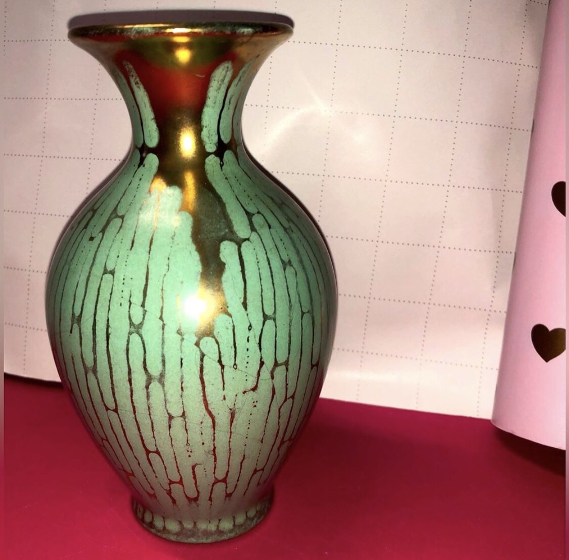 Vintage vase mid-century red clay pottery art turquoise teal acqua blue gold rim living room flowers home goods decoration accents 