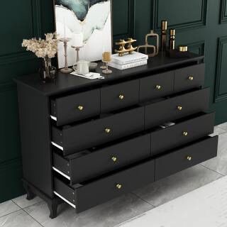 Black 10-Drawers Wood Double Chest of Drawer 55.1 in. W x 15.7 in. D x 35.4 in. H Dresser Organizer Crafted with black wooden board, our p