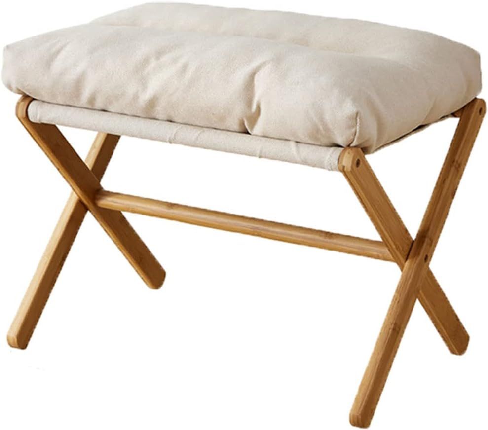 NEW Folding Upholstered Footrest Stool, Small Accent Ottoman with Thick Beige 2
