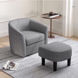 Swivel Accent Chair with Ottoman, Modern Barrel Club Chair w/Footrest, Curved Backrest & Armrests