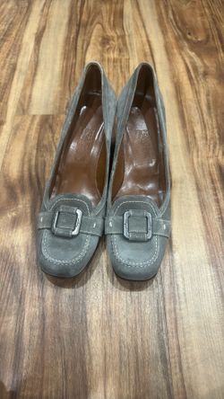 Salvatore Ferragamo Suede Pump Loafer Buckle Block Heel Gray 