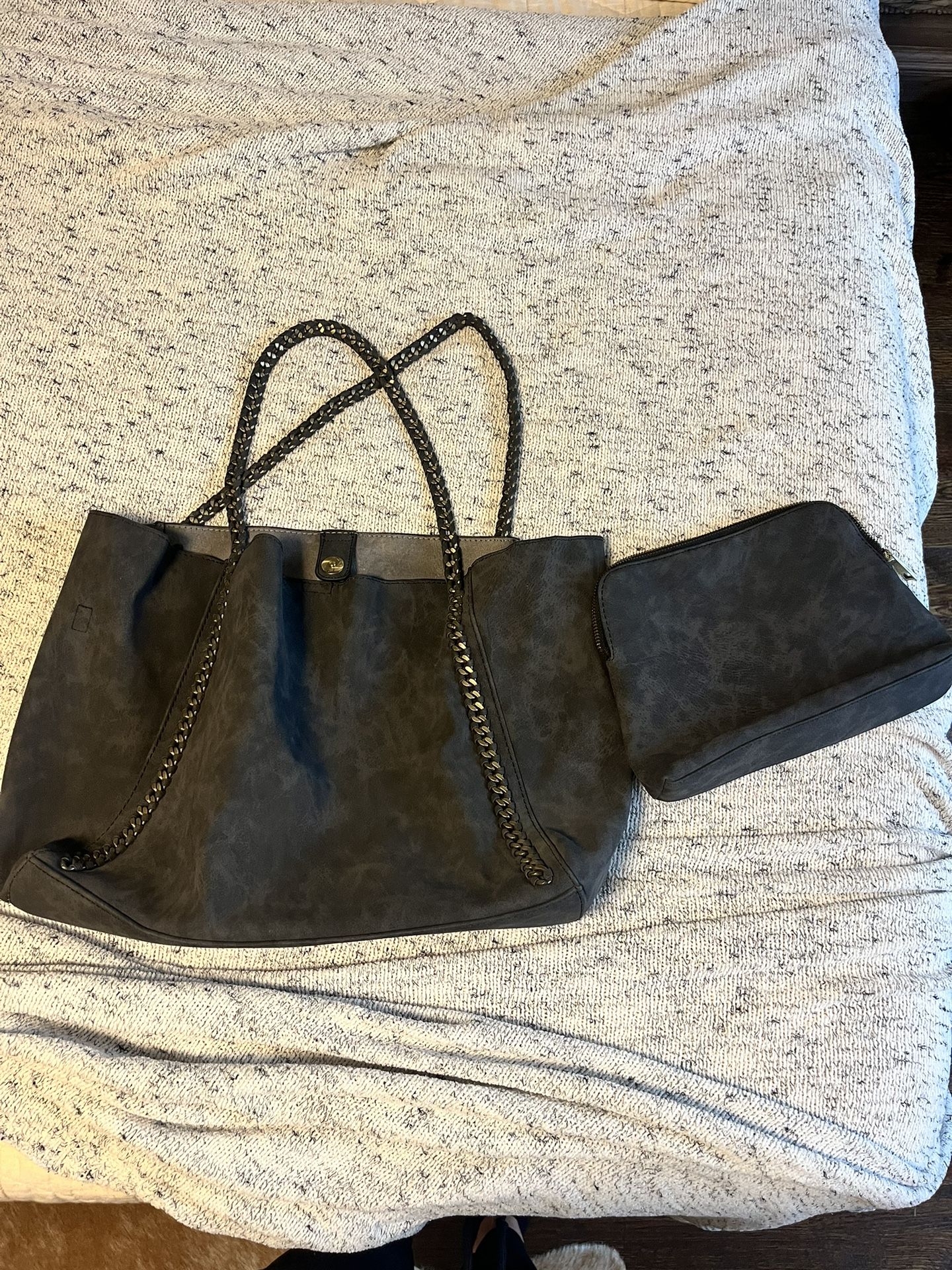 Dark Gray Unstructured Tote + Pouch (never used)