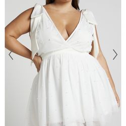 White Bow Pearl Short Dress 