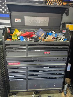 Husky Black Tool Chest, miscellaneous tools and second smaller tools box.