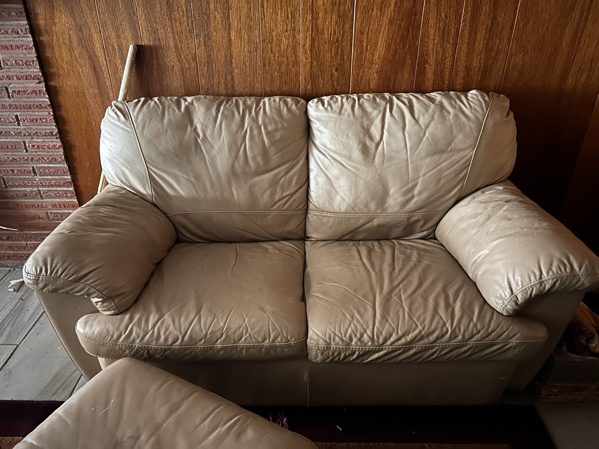 Beige, Love Seat Couch and Ottoman Set, Leather,