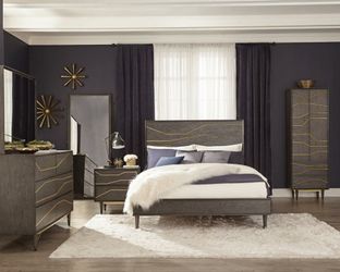 New Modern Contemporary Goodwin Queen 4 Piece Bedroom set Graphite Grey Finish with Gold Accents. High Quality Bed Set