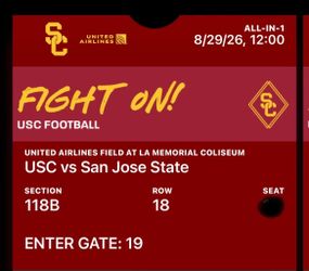 USC Trojans Football v San Jose St 2 tickets 8/29/26 $40