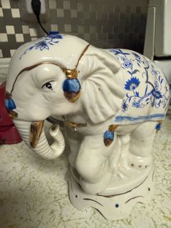 Porcelain Elephant Figurine Blue Floral Gold Accents
