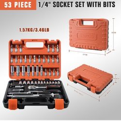 53 Pieces Socket Wrench Set Drive Socket Set with 1/4 Inch Ratcheting Wrench Plastic Toolbox Storage Case for Automotive Repair And Home Use