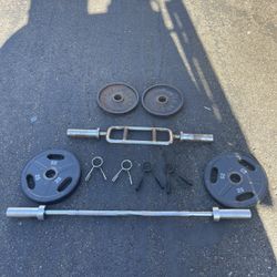 Tricep Bar, Curl Bar, and Weights