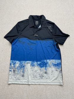 Oakley Golf Polo Shirt Mens Medium Blue Black White Splatter Graphic Regular Fit