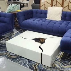 3 PIECE SOFA ARMCHAIR OTTOMAN BLUE VELVET