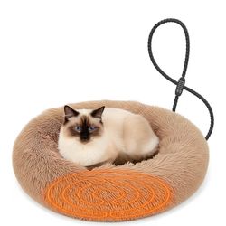 Heated Cat Bed for Indoor Cats, 23-inch Cozy Donut with USB Power, Adjustable Temperature & Timer, Machine Washable Cover for Small & Medium Cats (Cam