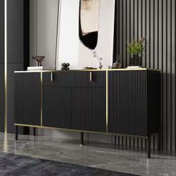 Modern Black & Gold Sideboard – Fluted Doors – 63”