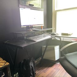 L Desk, Office Chair, Monitor Stand, Printer Shelf