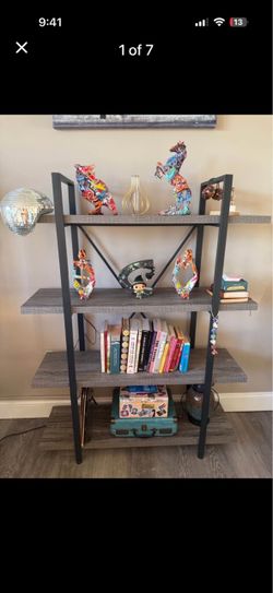 HSH 4-Shelf Bookshelf, Industrial Bookcase for Home Office, Light Grey Oak
