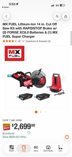 MX FUEL Lithium-Ion 14 in. Cut Off Saw Kit with RAPIDSTOP Brake w/ (2) FORGE XC8.0 Batteries & (1) M