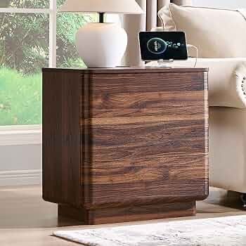 22" Modern Nightstand with Charging Station, Large Push-to-Open End Table, Wood Bedside Table w/Curved Profile Design, Handleless 3 Drawer N