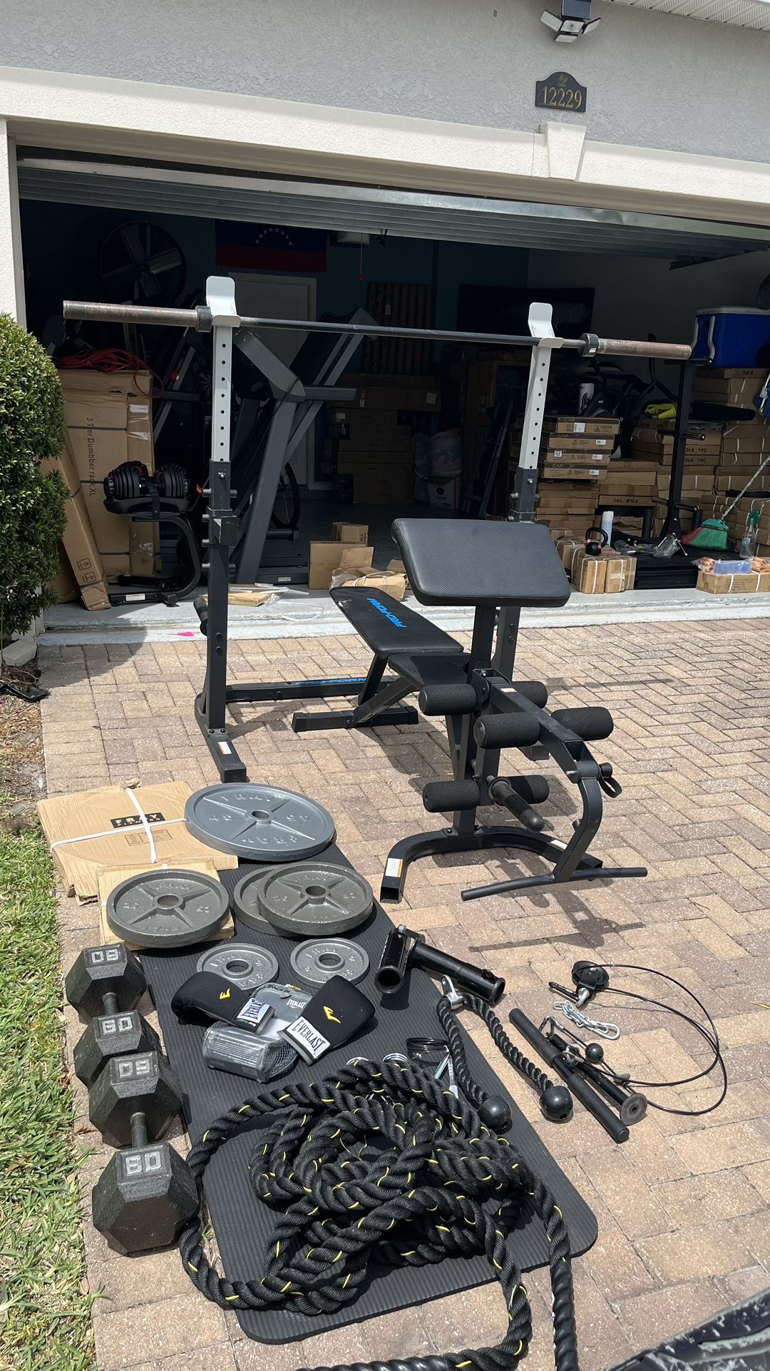 Home Gym Press Bench, Barbel witn Clips, 200 Lbs Plates Brand New, 120 Lbs Iron Dumbbells  and more