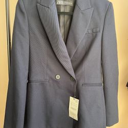 Zara Double-Breasted Suit Blazer in Navy Blue