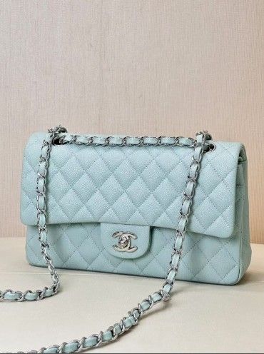 Light blue gold buckle C chip open Leather Crossbody Bag