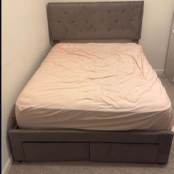 Upholster Velvety Grey Full Bed Frame With Drawers