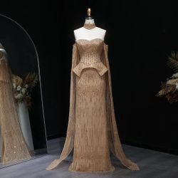 Gold Crystal Evening Dress, Off-Shoulder Cape Gown