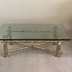 Stunning Antique Vintage Mid Century Modern Hollywood Regency Gold Glam Thick Faux Bamboo Base Glass Top Coffee Cocktail Table