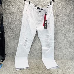 Waimea Men White Biker Jeans Skinny Fit Distressed Ripped Moto Twill Pants Sz 40
