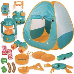 FUN LITTLE TOYS Pop Up Play Tent with Camping Gear and Tools Set, Outdoor Toys for Kids