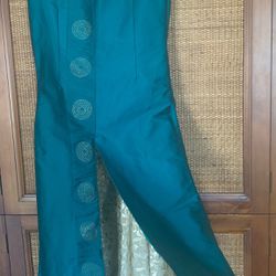 Blue Green Long Indian KURTA DRESS + gold print skirt. Silk Look. Chest: 35-36”