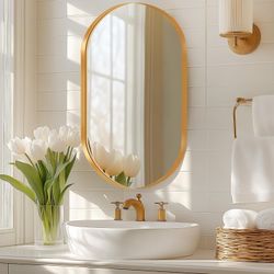 SDHYL Oval Bathroom Medicine Cabinet with Mirror, 34”x20” Recessed Medicine Cabinet for Bathroom with Beveled Edge Mirror, Wall Mounted Deep Set Alumi