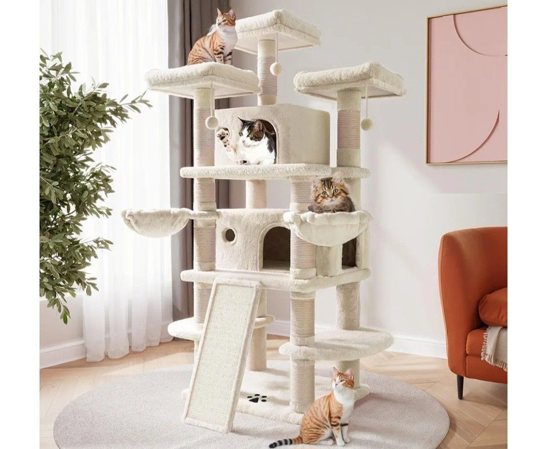 Cat Tree for Large Kitties/Big Cat Tower with Condo/Cozy Plush ‌Pussycat Perches/Sisal Scratching Posts and Hammocks/Activity Center/Beige