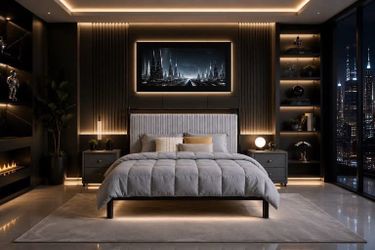 Queen Size Wood Platform Bed Frame with Fluffy Soft Upholstered Headboard, Wood Bed Support and Slat. Black & Gray.
