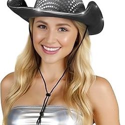 LED Light Up Flashing Sequin White Cowboy Hat 