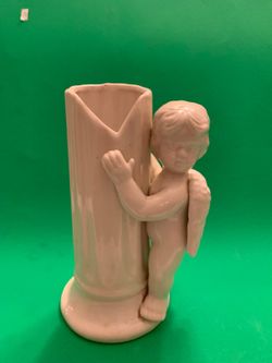 White Ceramic Angel Cherub Boy Standing Next to Pillar Vase