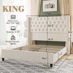 King Cream Velvet Tufted Wingback Bed Frame (No Box Spring Needed)