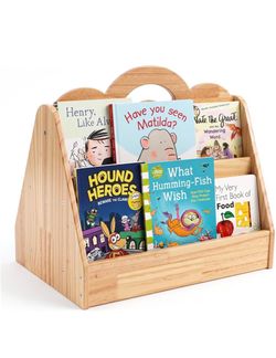 Solid Pine Wood Montessori Bookshelf for Kids - 2-Tier Double Sided Toddler Book Organizer with Rounded Corners, Front-Facing Sling Wooden Childrens B