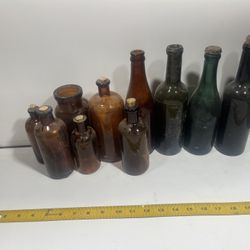 Brown And Green Antique Glass Bottle Lot