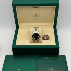 1990s Rolex Datejust 1601 36mm yellow gold stainless steel two tone jubilee bracelet natural diamond black dial yellow gold fluted bezel watch box tag