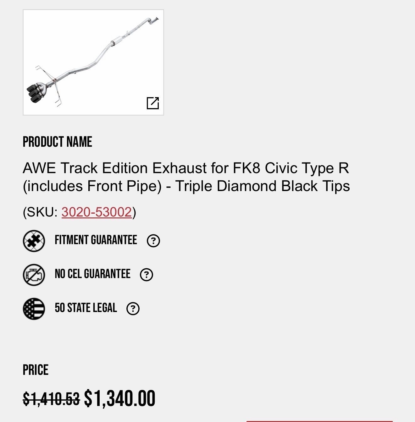 AWE Track Edition Exhaust for FK8 Civic Type R (includes Front Pipe) - Triple Diamond Black Tips