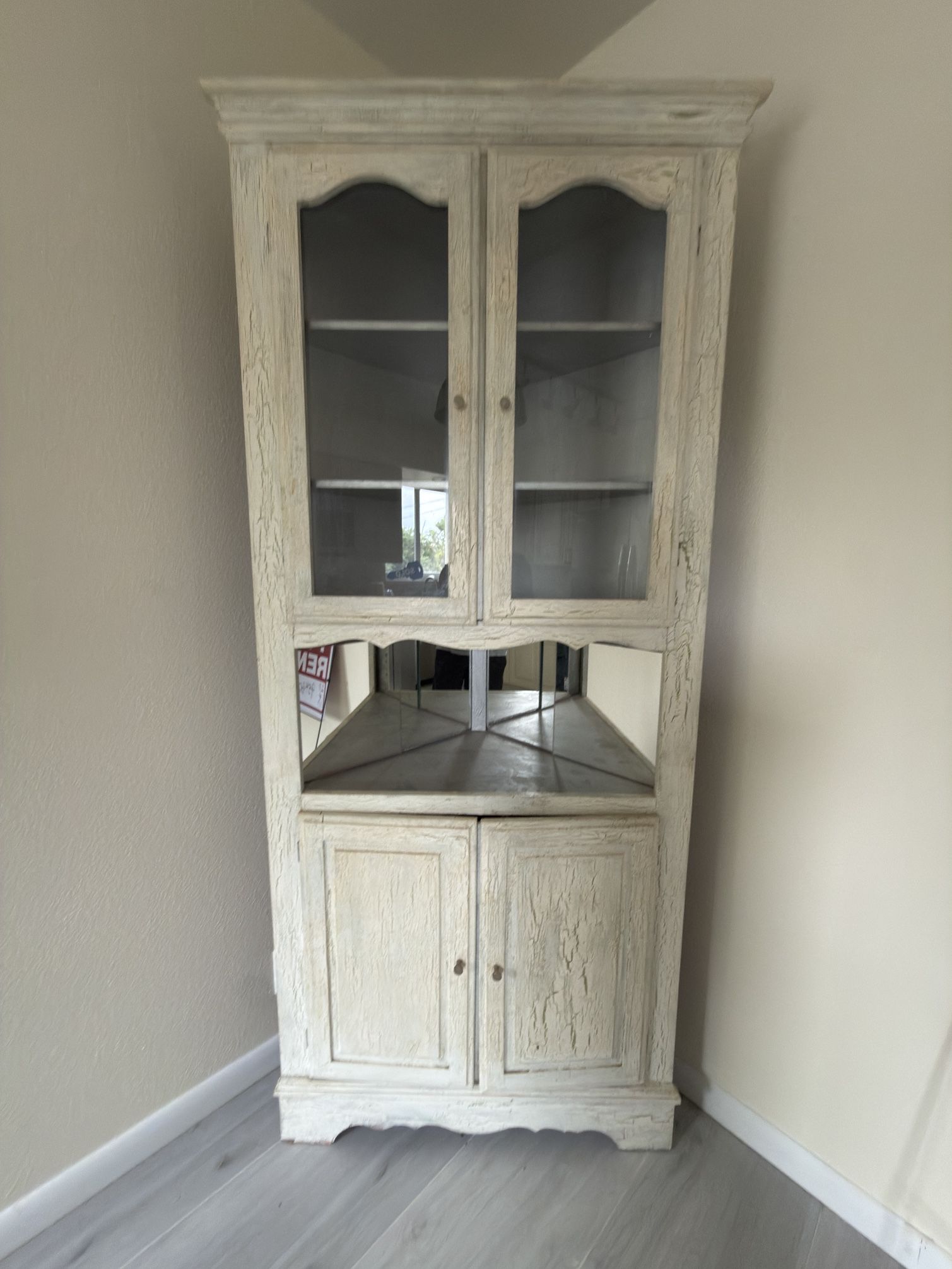 Rustic Corner Cabinet with Glass Doors & Storage Shelves