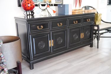 Black Chinese Buffet with glass top and brass hardware