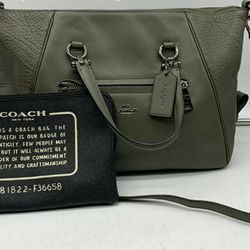 Coach Designer Prairie Military Green Simple Leather Tote Handbag Satchel W/ Black Makeup Bag Bundle