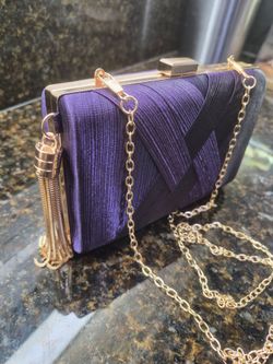 Purple Satin Evening Clutch with Gold Chain
