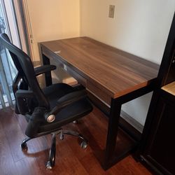 Office Desk With The Chair and Bookshelf