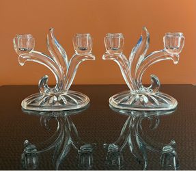 Vintage Pair Indiana Glass Lotus Blossom Double Candlestick Holders Art Deco 6”
