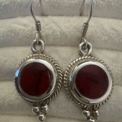 Sterling Silver Red Enamel Bead Detail Dangle Earrings 