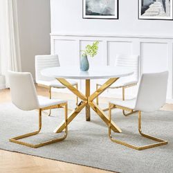 KITCHEN DINING TABLE SET 5=PIECE ROUND TOP WHITE GHOLD PLATED-MESA SILLAS MODA