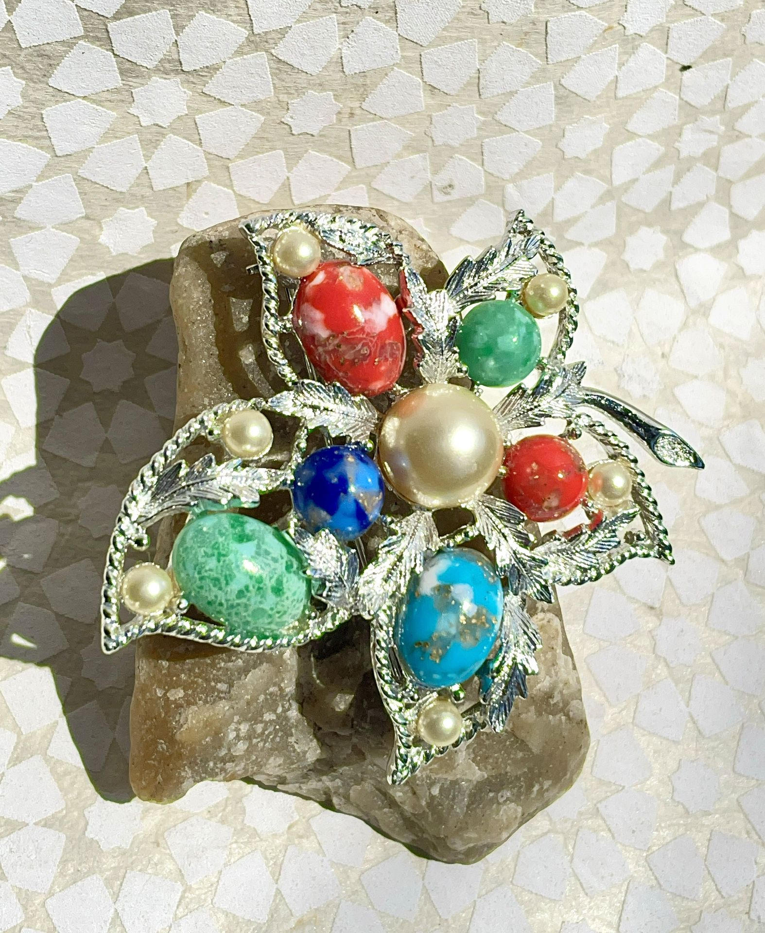1967 Silver Sarah Conventry "Fantasy" Brooch featuring Faux Stone Cabochons and Pearls